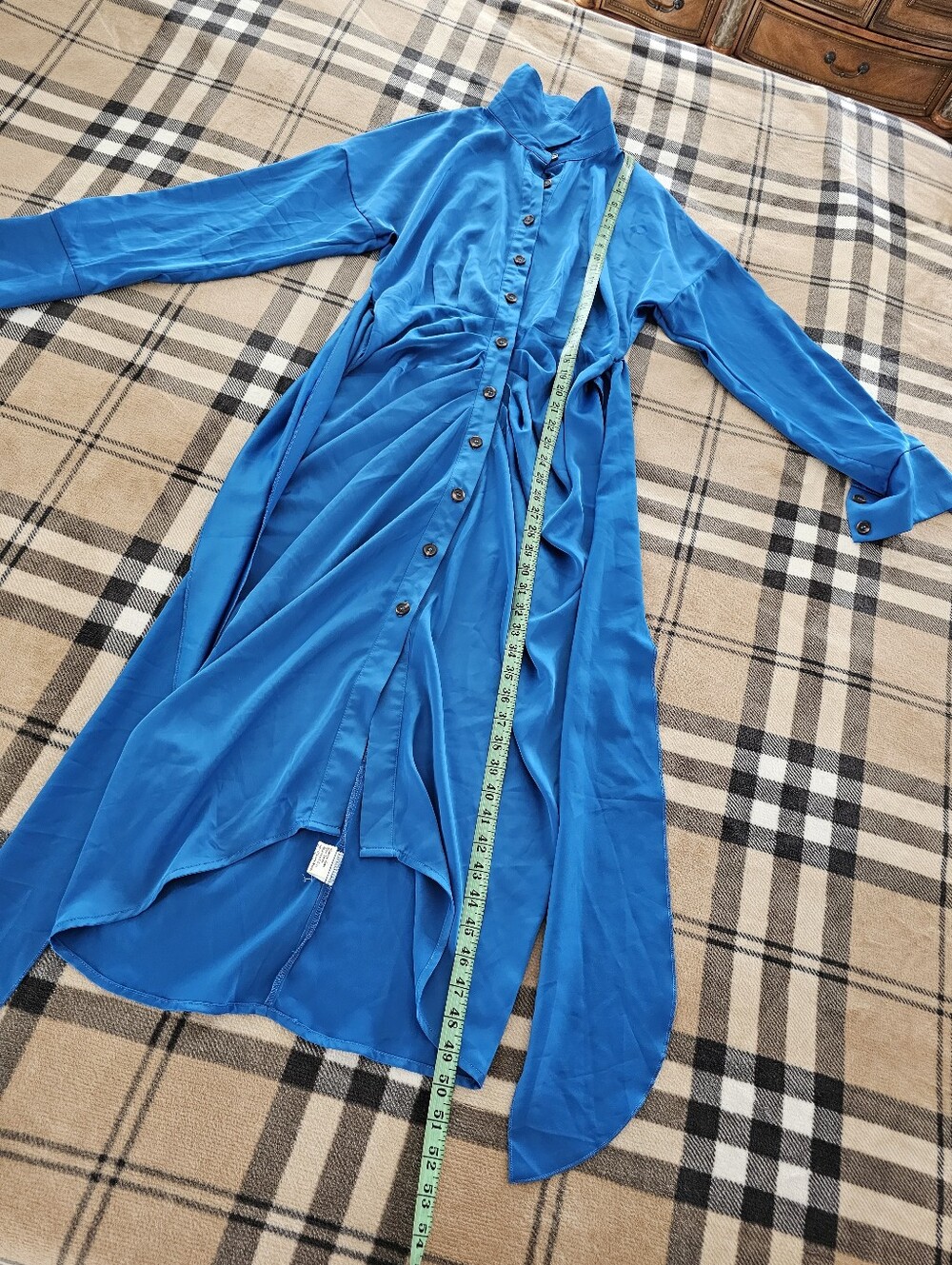 Asymmetrical Blue Satin Button-Front Dress with Waist Tie - Picture 13 of 13